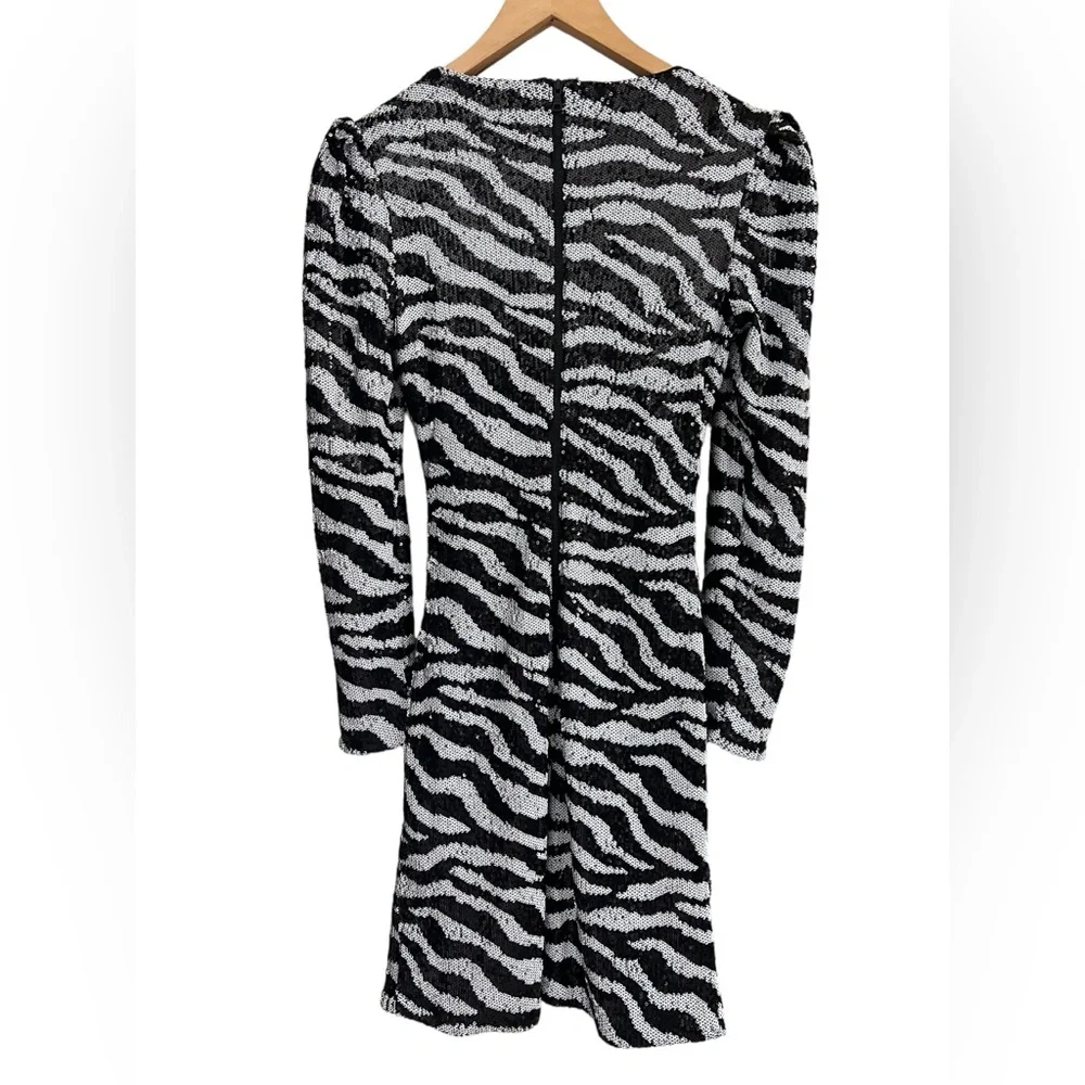 BARDOT Black White Zebra Sequined Ruched Mini Party Dress Size S/ 6 Long Sleeve